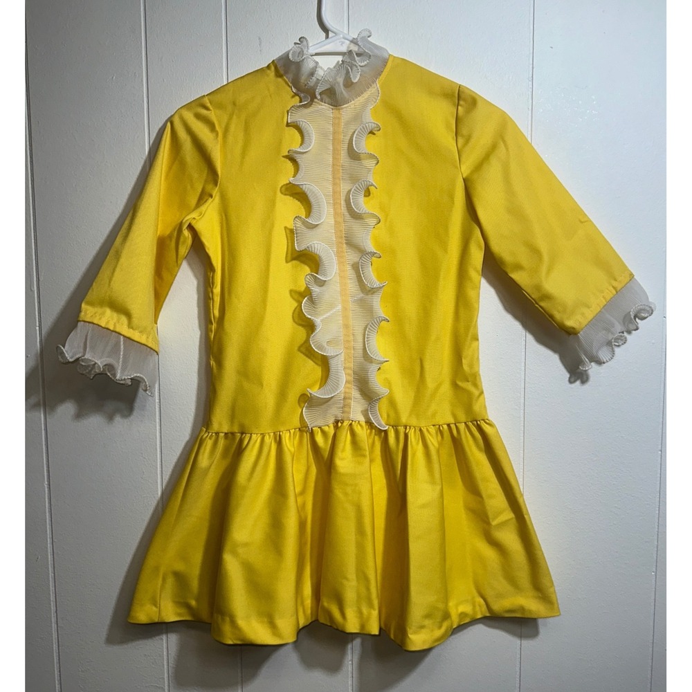 Vintage Yellow Drop Waist Dress Ruffle High Neck Long Sleeve Retro Handmade